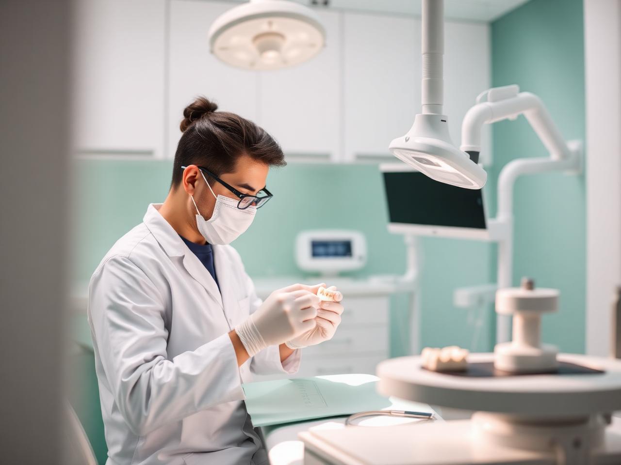 Dental technician crafting a ceramic crown in a modern lab